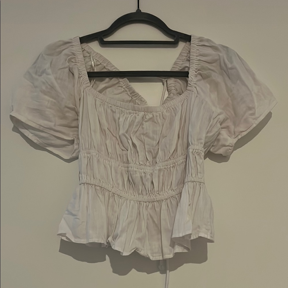 Free People White Puff Sleeve Blouse with Ruched Details